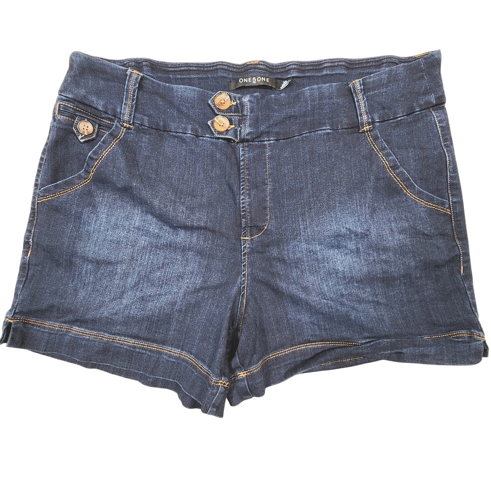 One5One Denim Shorts Women XL Blue Dark Wash Double Button Flap Pocket Casual